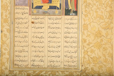 Lot 46 - AN ILLUSTRATED LOOSE FOLIO FROM A SHAHNAMA: MEHRAB AND HIS WIFE SINDOKHT ON A THRONE