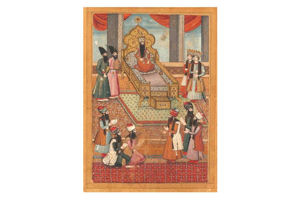 Lot 382 - AN ILLUSTRATION FROM A SHAHINSHAHNAMA SERIES: AN AUDIENCE AT FATH 'ALI SHAH'S (r. 1797 - 1834) COURT