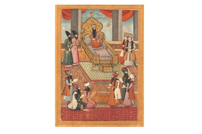 Lot 382 - AN ILLUSTRATION FROM A SHAHINSHAHNAMA SERIES: AN AUDIENCE AT FATH 'ALI SHAH'S (r. 1797 - 1834) COURT