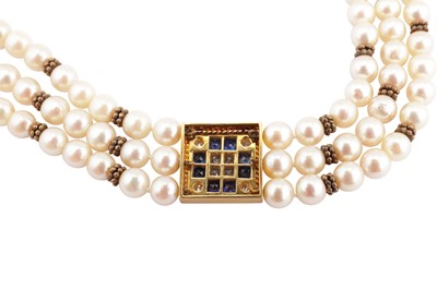 Lot 1266 - A cultured pearl, sapphire and diamond necklace