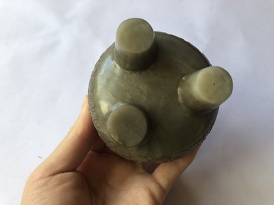Lot 467 - THREE CHINESE PALE CELADON JADE ARCHAISTIC VESSELS.