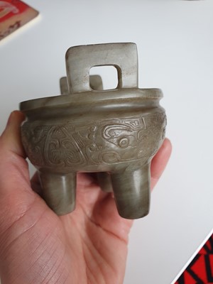Lot 467 - THREE CHINESE PALE CELADON JADE ARCHAISTIC VESSELS.