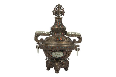 Lot 159 - A CHINESE JADE AND HARSTONE-INSET WHITE METAL INCENSE BURNER.