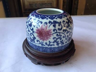 Lot 554 - A CHINESE BLUE AND WHITE AND PINK ENAMEL 'LOTUS' WATER POT.