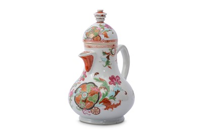 Lot 444 - A CHINESE FAMILLE ROSE PSEUDO-TOBACCO-LEAF JUG AND COVER.