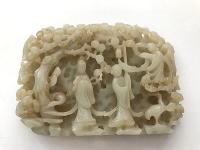Lot 477 - A CHINESE PALE CELADON JADE 'IMMORTALS' CARVING.