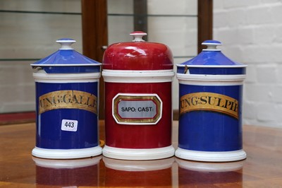 Lot 443 - Three 19th Century pottery apothecary jars and...