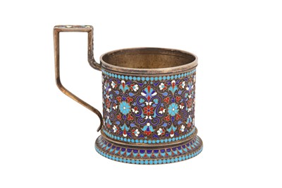 Lot 281 - A Nicholas II Russian 84 zolotnik (875 standard) silver gilt and cloisonné enamel tea glass holder (Podstakannik), Moscow circa 1895 mark of Gustav Klingert (active 1865-1917)