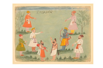 Lot 352 - AN ILLUSTRATION FROM A RAMAYANA SERIES: RAMA AND BHARATA MEETING IN THE FOREST