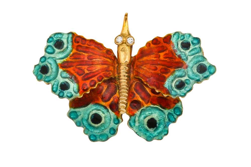 Lot 1207 - An enamel and diamond butterfly brooch
