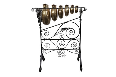 Lot 122 - A LATE 19TH CENTURY ENGLISH ARTS AND CRAFTS WROUGHT IRON, BRASS AND COPPER GLOCKENSPIEL