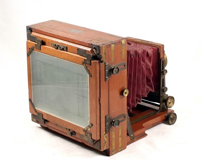 Lot 51 - Brass Bound Lancaster Half Plate Field Camera with Maroon Bellows