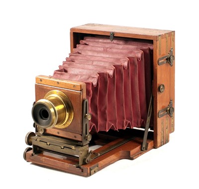 Lot 51 - Brass Bound Lancaster Half Plate Field Camera with Maroon Bellows