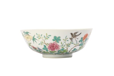 Lot 608 - A CHINESE FAMILLE ROSE 'MAGPIES AND BLOSSOMS' BOWL.