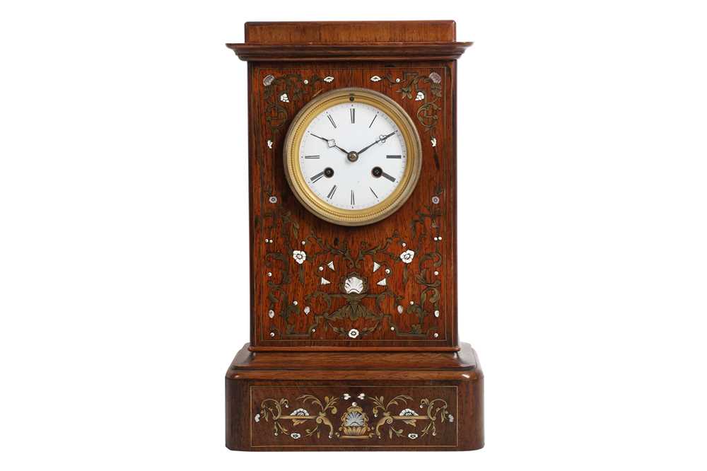 Lot 198 - A SECOND QUARTER 19TH CENTURY FRENCH ROSEWOOD, MOTHER OF PEARL AND BRASS INLAID MANTEL CLOCK