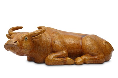 Lot 591 - A LARGE CHINESE BISCUIT YELLOW-GLAZED MODEL OF A BUFFALO.