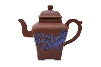 Lot 615 - A CHINESE SQUARE-SECTION ENAMELLED YIXING ZISHA TEAPOT AND COVER.