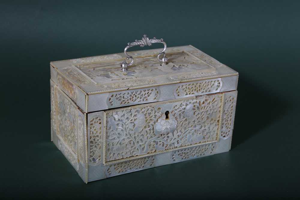 Lot 41 - A CHINESE CARVED MOTHER-OF-PEARL RECTANGULAR TEA CADDY.