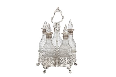 Lot 432 - An early George III sterling silver five bottle sauce cruet, London 1762 by Erick Romer