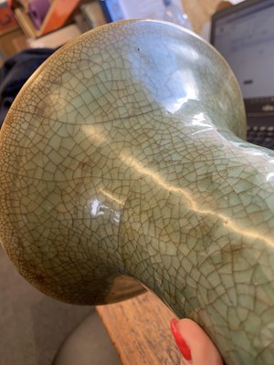 Lot 165 - A CHINESE LONGQUAN CELADON-GLAZED YEN YEN VASE.