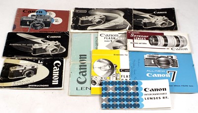 Lot 465 - A Good Selection of Catalogues & Instruction Books for Canon Rangefinder Cameras & Lenses.