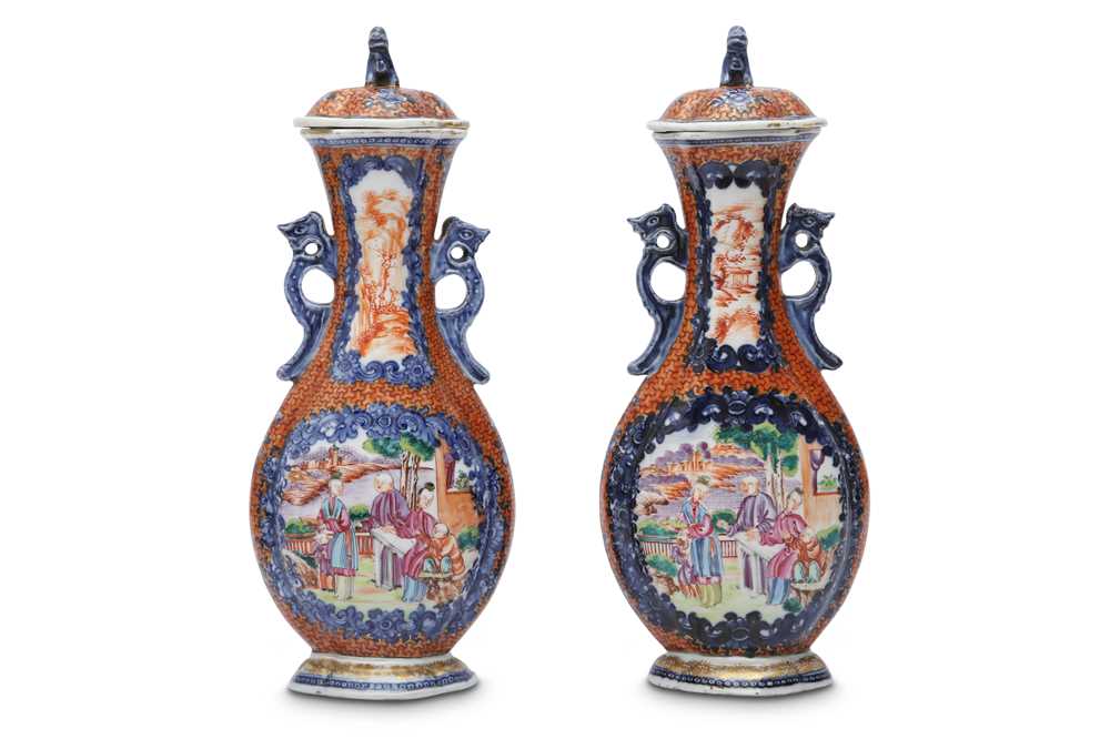 Lot 469 - A PAIR OF CHINESE MANDARIN PALLET VASES AND COVERS.