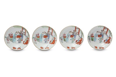 Lot 633 - A SET OF FOUR CHINESE FAMILLE ROSE SAUCERS.