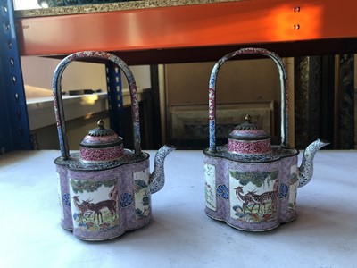 Lot 245 - A PAIR OF CHINESE FAMILLE ROSE CANTON ENAMEL WINE EWERS AND COVERS.