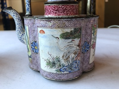 Lot 245 - A PAIR OF CHINESE FAMILLE ROSE CANTON ENAMEL WINE EWERS AND COVERS.