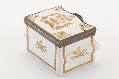 Lot 84 - A mid-18th century German enamel novelty bonbonniere or snuff box, Berlin circa 1750 probably by Fromery, with Louis XV French silver mounts Pairs 1744-50