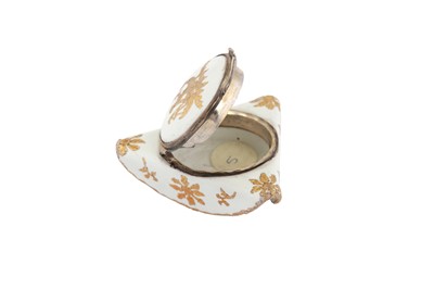 Lot 83 - A mid-18th century German enamel novelty bonbonniere or snuff box, Berlin circa 1750 probably by Fromery, with Louis XV French silver mounts Pairs 1750-56