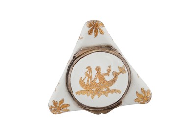 Lot 83 - A mid-18th century German enamel novelty bonbonniere or snuff box, Berlin circa 1750 probably by Fromery, with Louis XV French silver mounts Pairs 1750-56