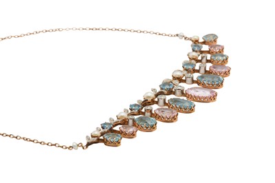 Lot 1210 - A pink topaz, aquamarine, pearl and diamond necklace, circa 1910
