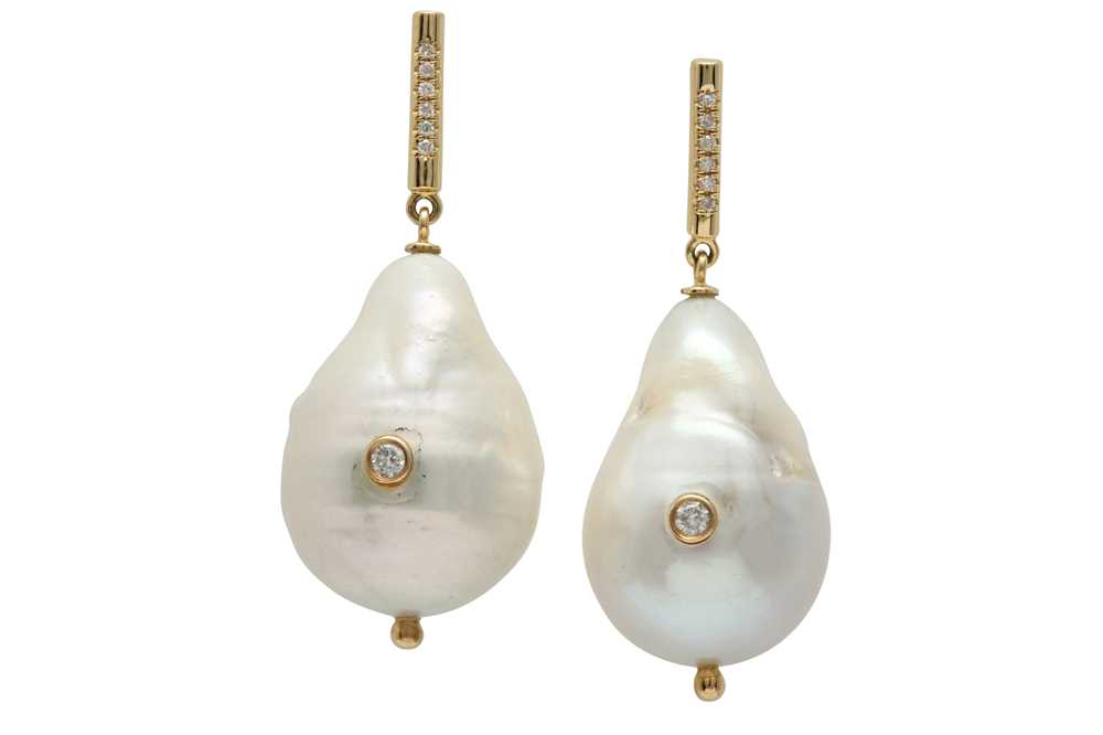 Lot 1213 - A pair of cultured pearl and diamond earrings