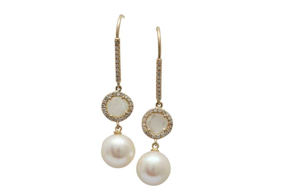 Lot 1265 - A pair of cultured pearl and diamond pendent earrings