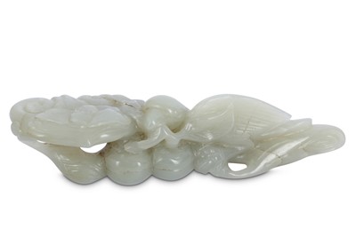 Lot 695 - A CHINESE PALE CELADON JADE 'BIRD AND LINGZHI' CARVING.