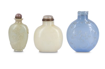 Lot 334 - TWO CHINESE WHITE JADE SNUFF BOTTLES.