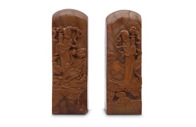 Lot 537 - A PAIR OF CHINESE UNCUT SOAPSTONE SEALS.