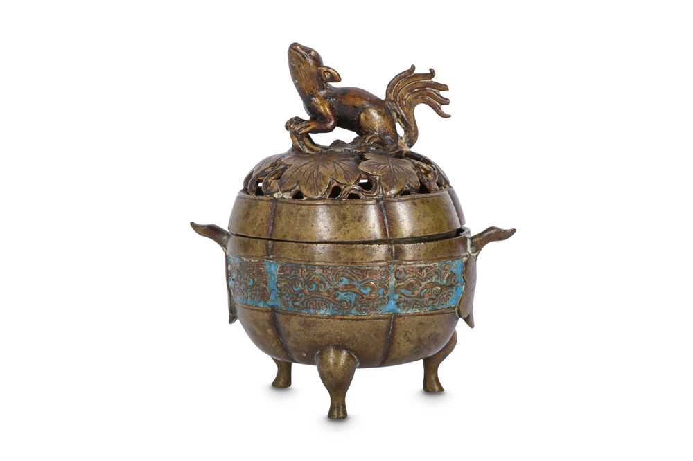 Lot 497 - A SMALL CHINESE BRONZE 'SQUIRREL AND MELON' INCENSE BURNER AND COVER.