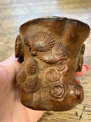 Lot 51 - A CHINESE CARVED BAMBOO 'PINE TREE' LIBATION CUP.