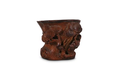 Lot 332 - A CHINESE CARVED BAMBOO 'PINE TREE' LIBATION CUP.