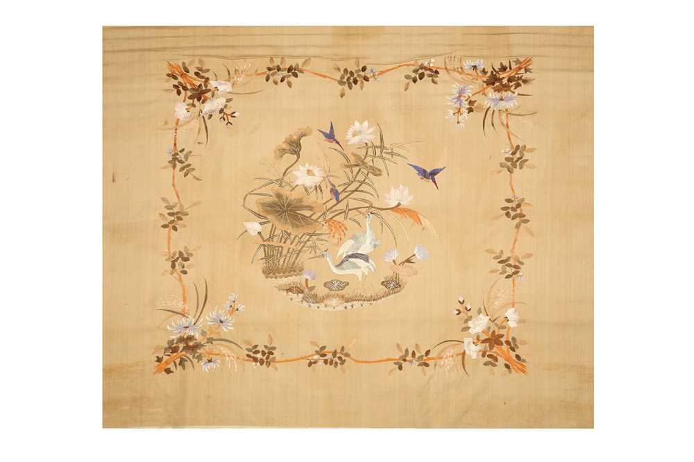 Lot 387 - A VIETNAMESE YELLOW-GROUND EMBROIDERED TEXTILE PANEL.