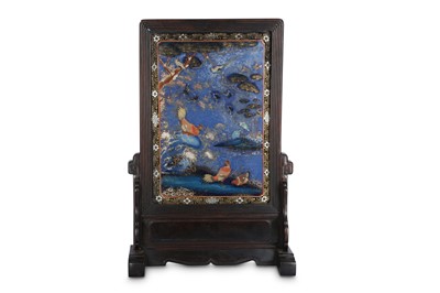Lot 277 - A CHINESE REVERSE GLASS 'HUNDRED BIRDS' TABLE SCREEN.