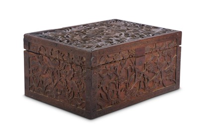 Lot 488 - A CHINESE WOOD RECTANGULAR 'MYTHICAL BEASTS'  BOX.