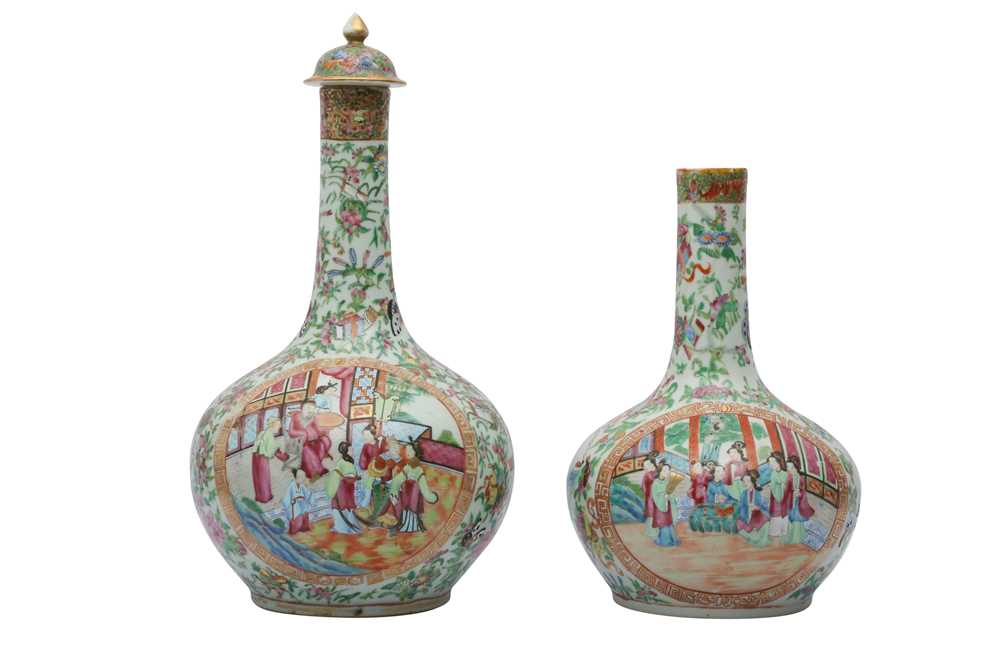Lot 470 - TWO CANTON FAMILLE ROSE BOTTLE VASES AND COVER.
