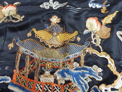 Lot 378 - A CHINESE BLACK-GROUND EMBROIDERED SILK ALTAR HANGING.