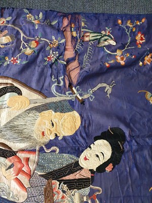 Lot 388 - A CHINESE PURPLE-GROUND 'SHOULAO AND MAGU' EMBROIDERED SILK PANEL.