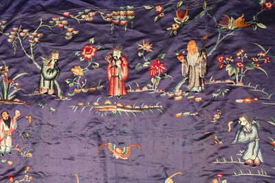 Lot 388 - A CHINESE PURPLE-GROUND 'SHOULAO AND MAGU' EMBROIDERED SILK PANEL.