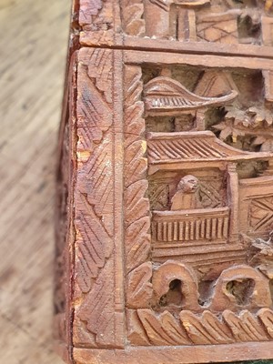 Lot 487 - A CHINESE CANTON CARVED WOOD BOX.