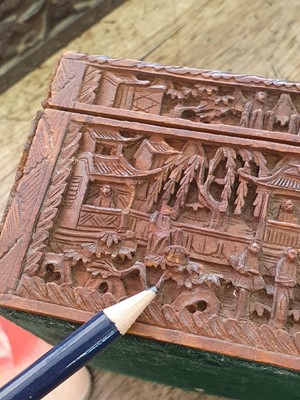 Lot 487 - A CHINESE CANTON CARVED WOOD BOX.